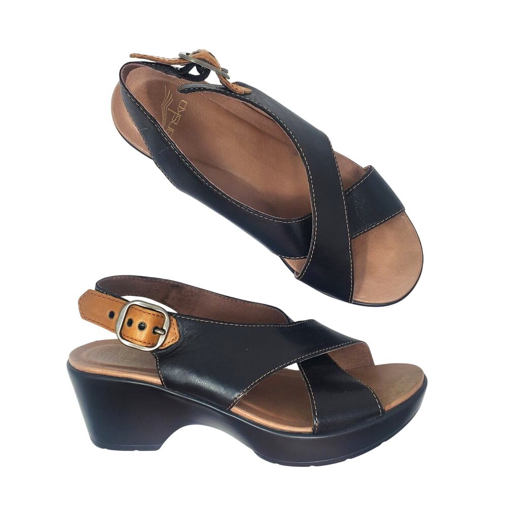 Dansko Jacinda Crisscross Slingback Heeled Sandals Black Leather Size 37 US 7